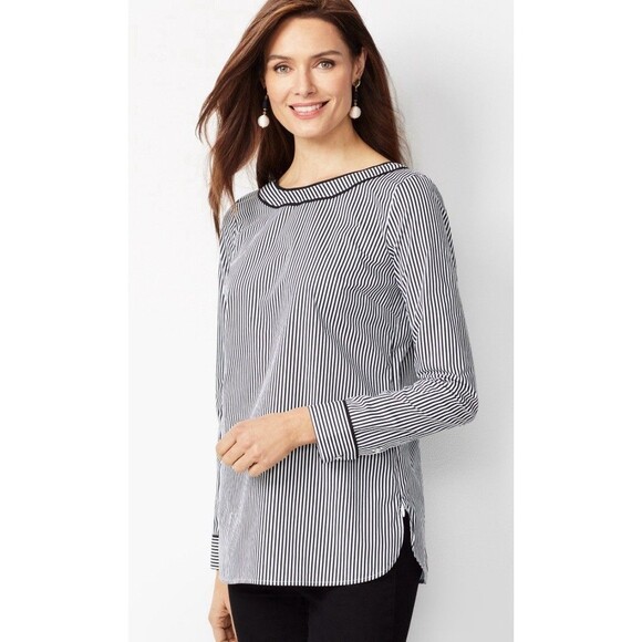 TALBOTS Piped Poplin Tunic Women Large B/W Striped LS Boat Neck Top Nautical - Picture 1 of 12